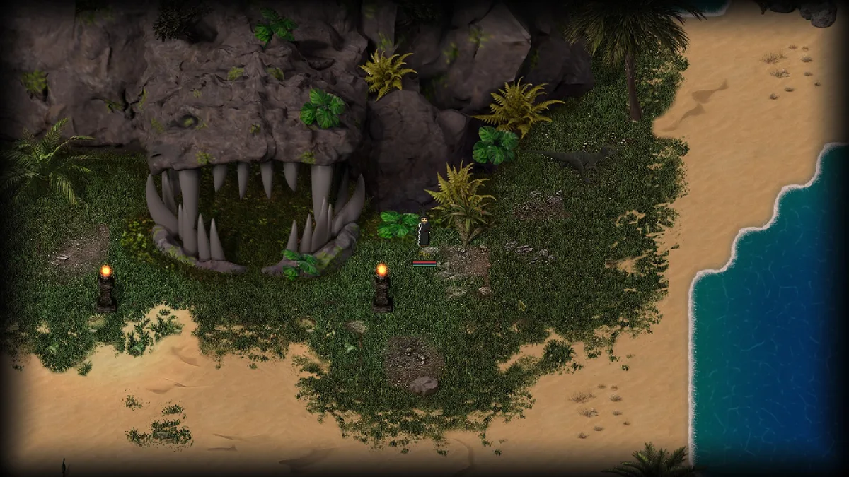 An Argentum Online character outside a cave shaped like an open mouth, with torches, tropical plants and a sandy coastline.