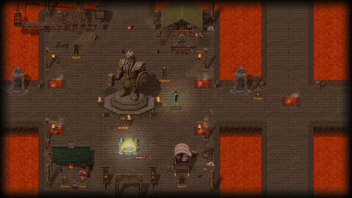 An Argentum Online character beside a large armoured statue, merchants and a glowing portal in a stone hall surrounded by lava.