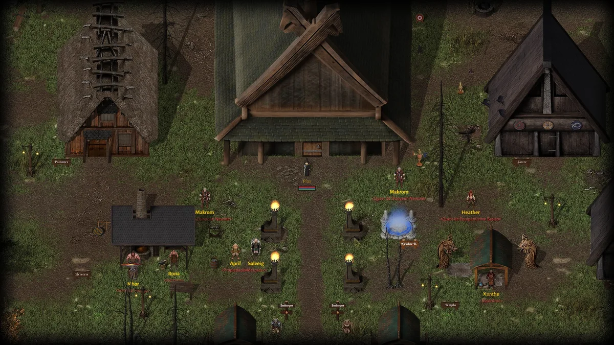 Argentum Online gameplay showing wooden village buildings, characters, torchlit paths and a glowing blue portal.