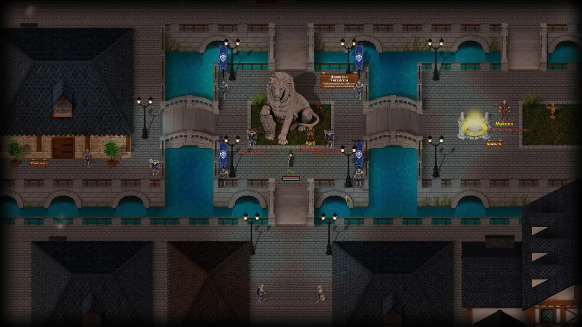 An Argentum Online character approaches a lion statue in a stone plaza with blue banners, canal bridges and a yellow portal.